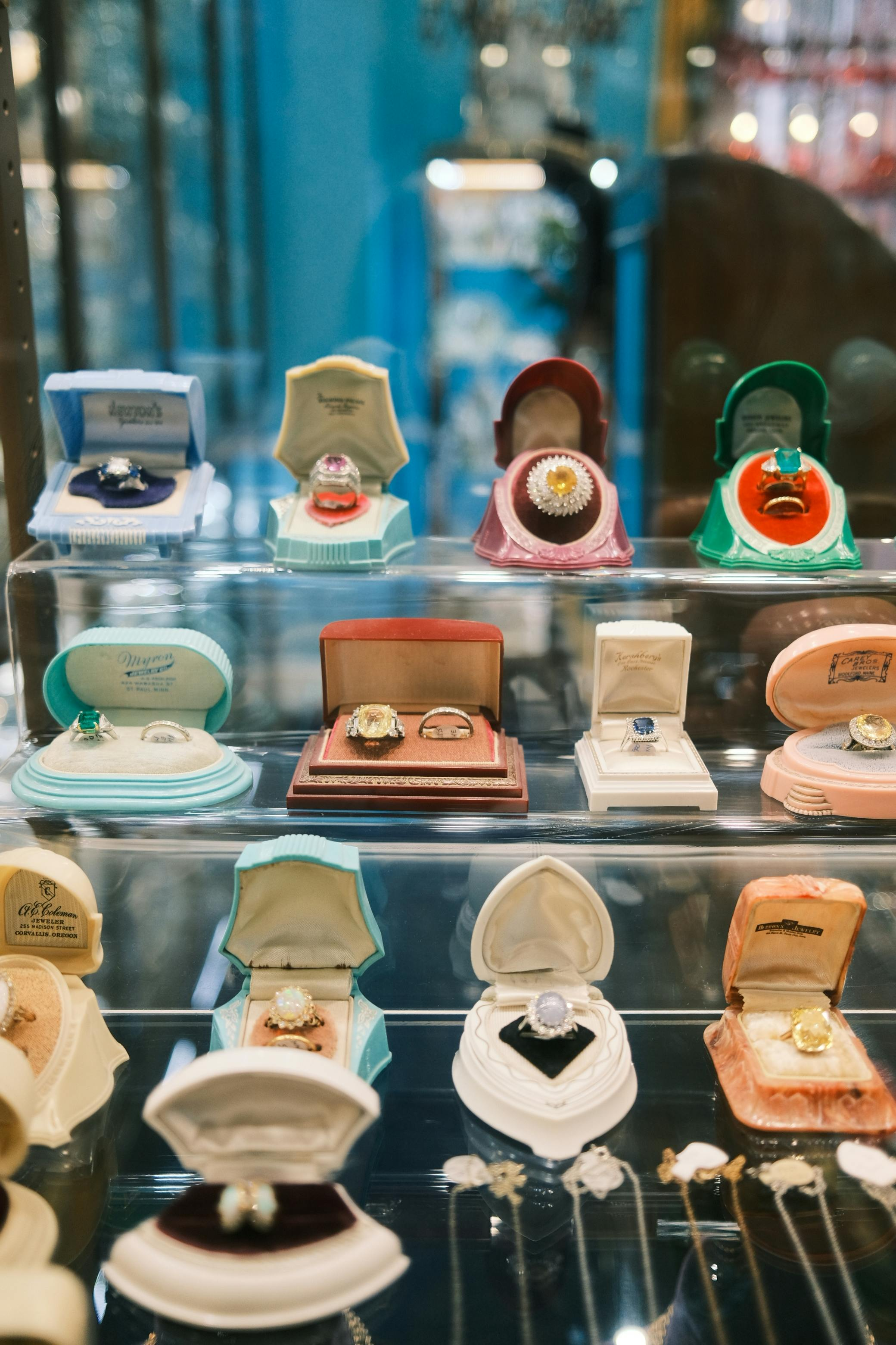 Luxury jewelry display in boutique window